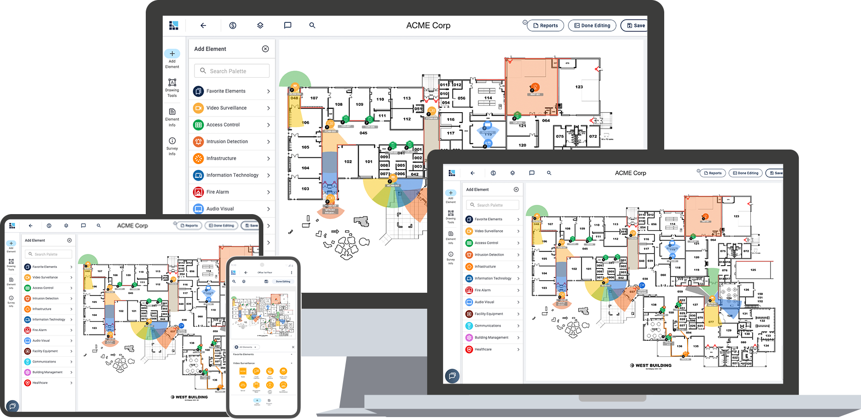 System Surveyor running on desktop, laptop, tablet and phone showing a floor-plan design with Altronix devices